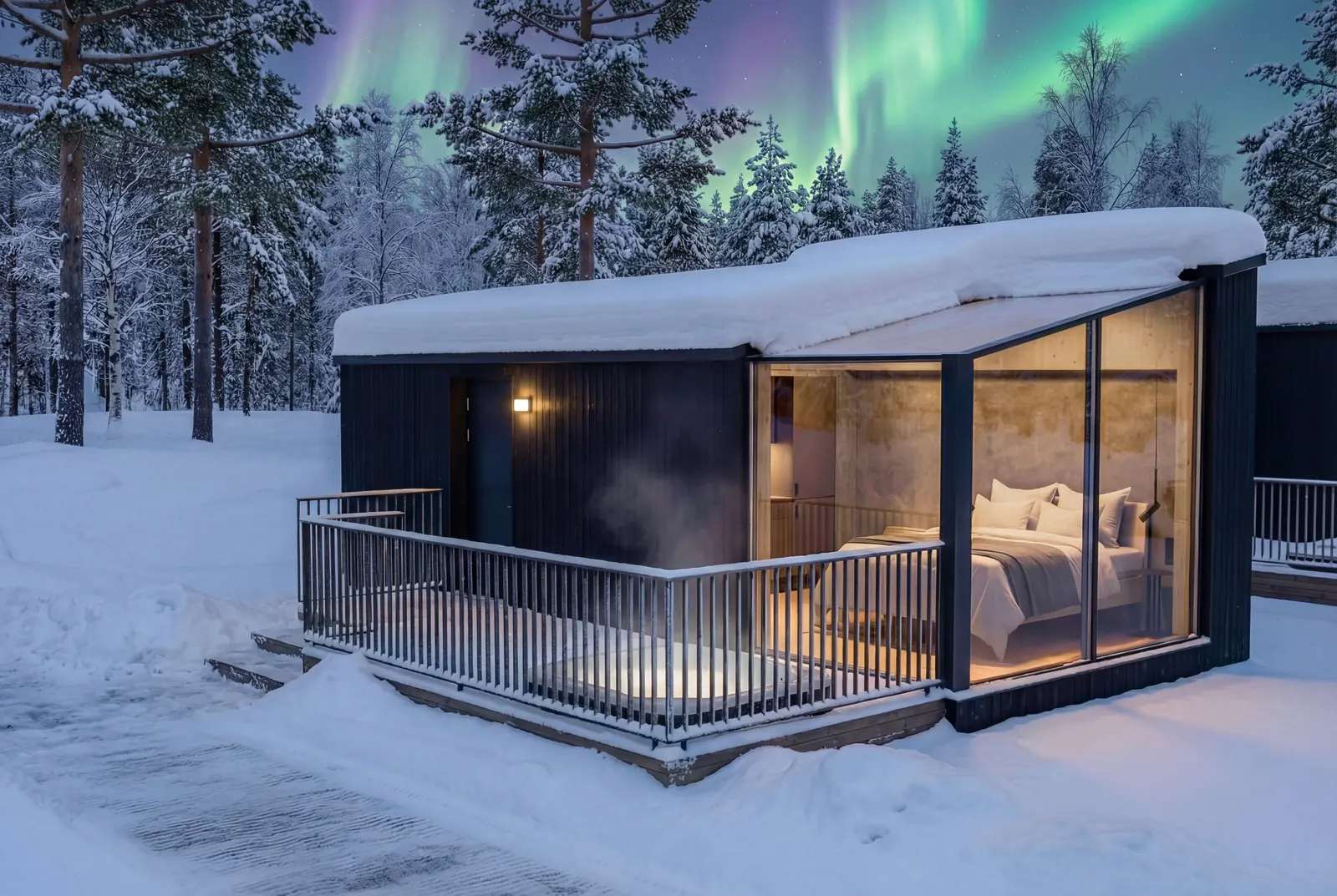 Visualisation of a Halo Riverside igloo with a lit glass front and snowy terrace under the Northern Lights
