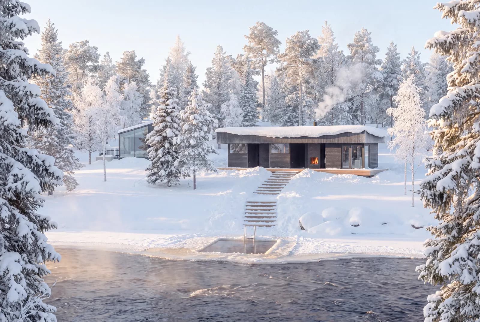 The Riverside sauna building in the snow, with steps leading down to a cold-plunge pool by the river